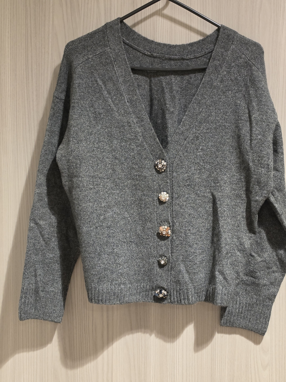CeCe Gray V-Neck Jeweled Button Cardigan